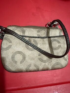 Coach Signature Beige Canvas Wristlet with Dark Brown Strap